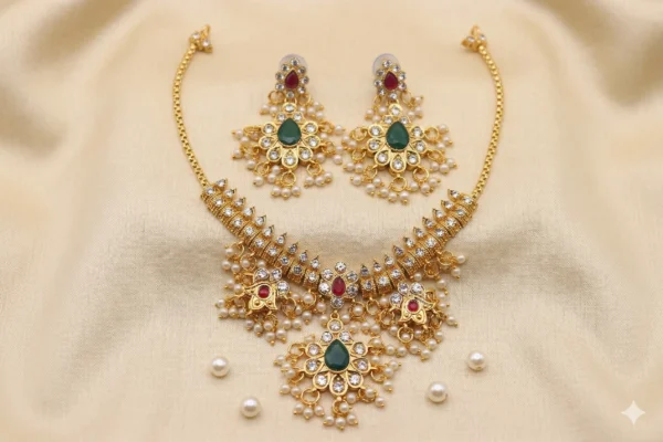 Gold Plated - matte CZ-Studded Jewellery Set