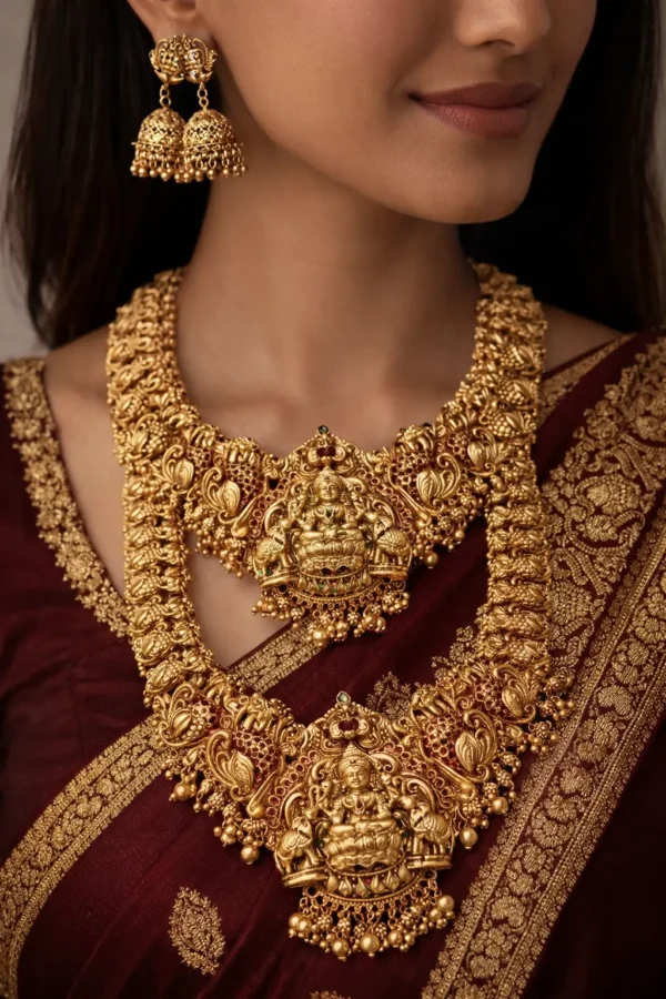 Vivanta design Jewellery Sets II Goddess Lakshmi Temple Design Gold Toned Faux Pearls Adorned Jewellery Set II Traditional Handmade South Indian Jewellry Set II