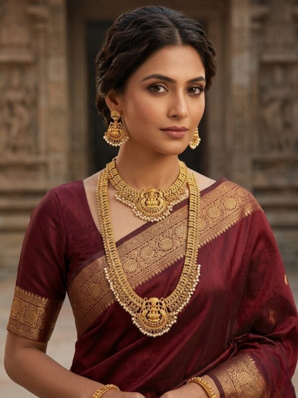 Exquisite Gold Plated Temple Necklace Haram Earrings Combo Set For Women & Girls