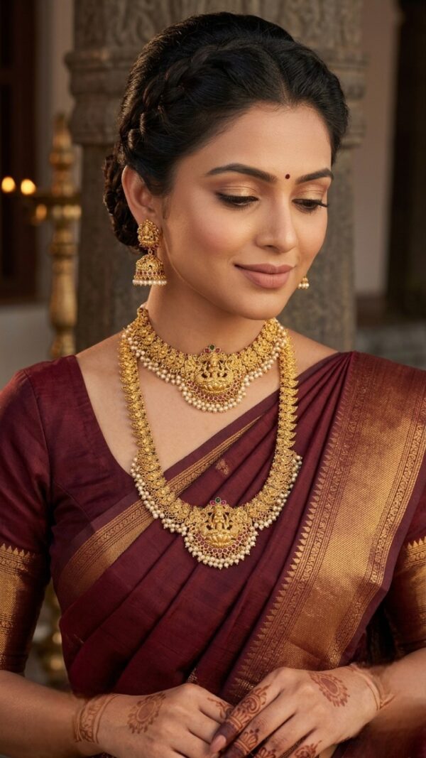 Premium Quality Trending Exquisite Gold-Plated Temple Necklace Haram Earrings Combo Set for Women & Girls